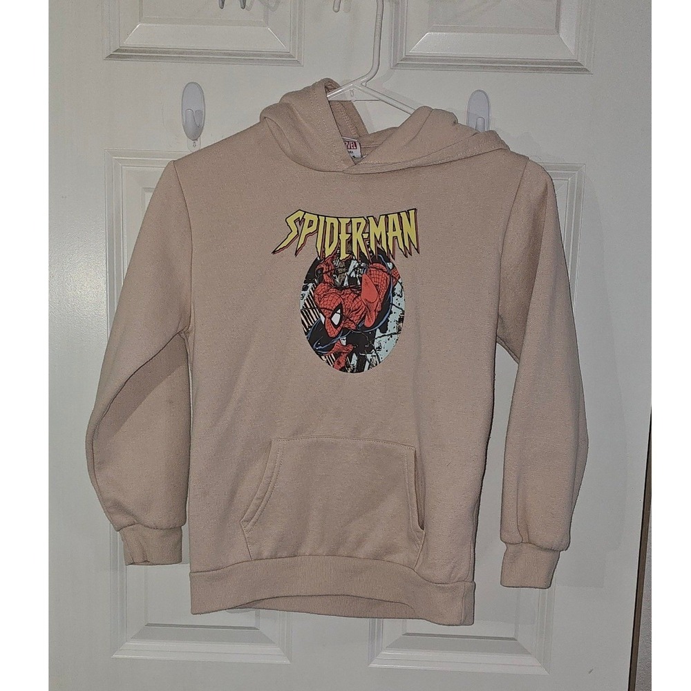 Marvel Spider-Man Kids Graphic Hoodie Tan Beige Comic Book Back Print Size 10/12